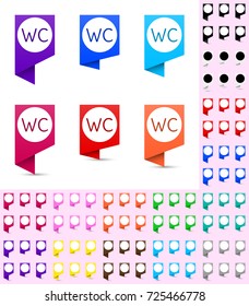 Map marker or pointer, angular marker mock up with round white background in different colors. Ready marker template for your various icons. WC icon is shown as an example.