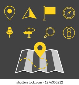 Map marker pointer with road on black background map vector icon design. Map pointer icon. GPS location symbol.