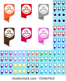 Map marker or pointer, rounded marker mock up with round white background in different colors. Ready marker template for your various icons. Icon of hot dish is shown as an example.