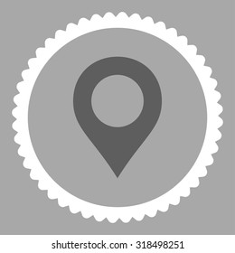 Map Marker round stamp icon. This flat vector symbol is drawn with dark gray and white colors on a silver background.