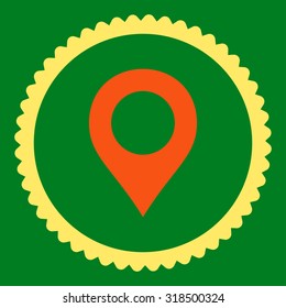 Map Marker round stamp icon. This flat vector symbol is drawn with orange and yellow colors on a green background.