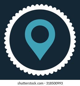 Map Marker round stamp icon. This flat vector symbol is drawn with blue and white colors on a dark blue background.
