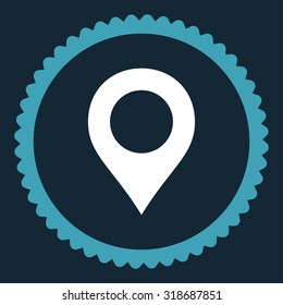 Map Marker round stamp icon. This flat vector symbol is drawn with blue and white colors on a dark blue background.