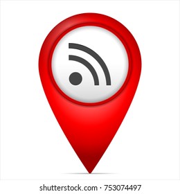 Map marker with RSS symbol on a white background.