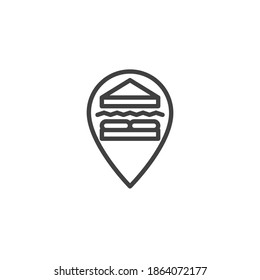 Marcador de mapa con icono de línea de sándwich. signo de estilo lineal para concepto móvil y diseño web. Icono de vector de contorno de ubicación de entrega rápida de alimentos. Símbolo, ilustración del logotipo. Gráficos vectoriales
