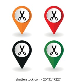 Map marker with scissors symbol. Vector illustration.