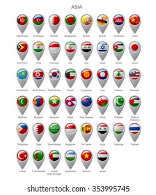 Map marker set with state flags of sovereign countries of Asia with captions in alphabet order.  Vector illustration