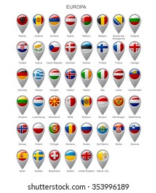 Map Marker Set With State Flags Of Sovereign Countries Of Europa With Captions In Alphabet Order.  Vector Illustration