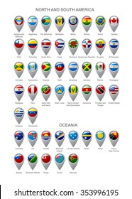 Map marker set with state flags of sovereign countries of North and South America continents and Oceania with captions in alphabet order.  Vector illustration