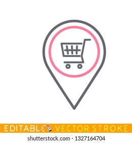Map marker with shop cart icon. White background. Easy changing vector with editable strokes.
