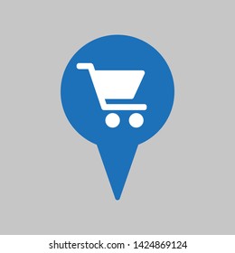 Map marker with shopping cart icon on grey background.