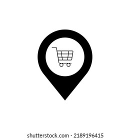 Kartenmarkierung mit Warenkorb-Symbol, Kartenstift, GPS-Ortssymbol, Vektorgrafik