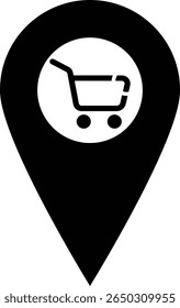 Map marker with Shopping cart icon, map pin, GPS location symbol, black symbol isolated on white background. vector illustration
