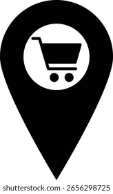 Map marker with Shopping cart icon, map pin, location symbol, isolated on white background. vector illustration
