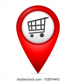 Map marker with shopping cart symbol on a white background.