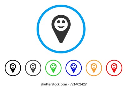 Map Marker Smile rounded icon. Style is a flat map marker smile grey symbol inside light blue circle with black, gray, green, blue, red, orange variants.