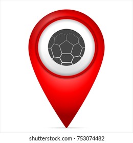 Map marker with soccer symbol on a white background.
