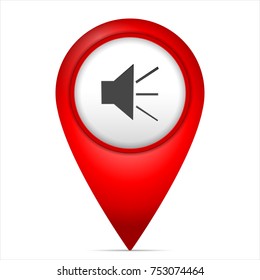 Map marker with sound symbol on a white background.