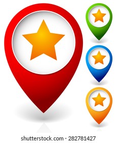 Map marker with star. Favorite place, location. Vector icon.