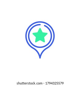 Map marker with star icon vector, filled flat sign, favorite place point bicolor pictogram, green and blue colors. Symbol, logo illustration