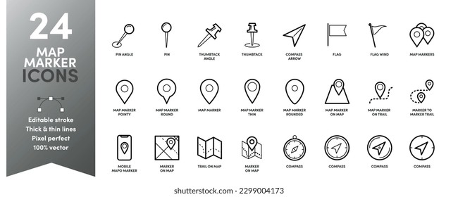 Marcador de mapa iconos de línea gruesa y delgada con trazo editable