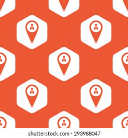 Map marker with user icon in white hexagon, repeated on orange background