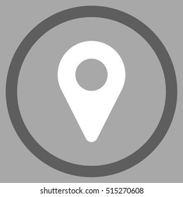 Map Marker vector bicolor rounded icon. Image style is a flat icon symbol inside a circle, dark gray and white colors, silver background.