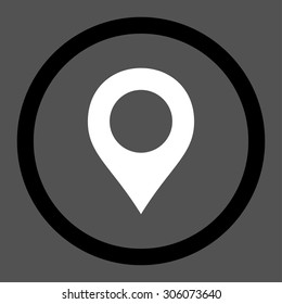 Map Marker vector icon. This rounded flat symbol is drawn with black and white colors on a gray background.