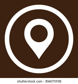Map Marker vector icon. This rounded flat symbol is drawn with white color on a brown background.