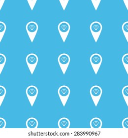 Map marker with Wi-Fi symbol, repeated in straight lines on blue background