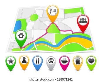 Map markers with different icons on the abstract map, vector eps10 illustration