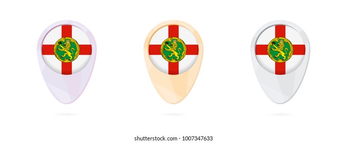 Map markers with flag of Alderney, 3 color versions.