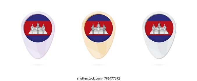 Map markers with flag of Cambodia, 3 color versions.