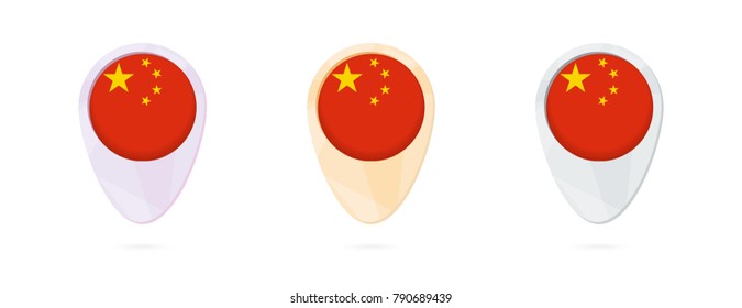 Map markers with flag of China, 3 color versions.