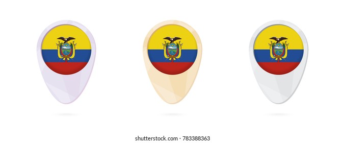 Map markers with flag of Ecuador, 3 color versions.