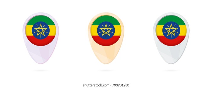 Map markers with flag of Ethiopia, 3 color versions.
