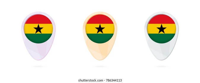 Map markers with flag of Ghana, 3 color versions.