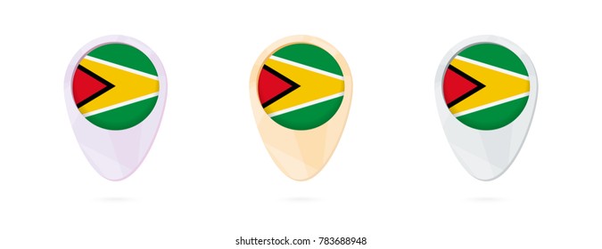 Map markers with flag of Guyana, 3 color versions.