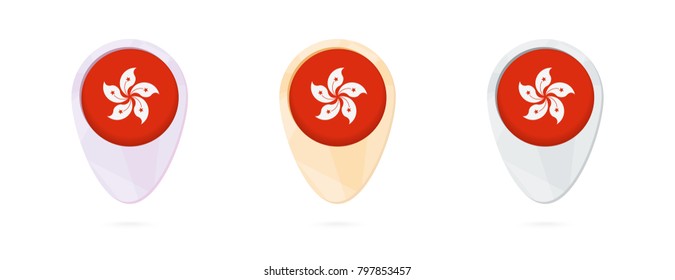 Map markers with flag of Hong Kong, 3 color versions.