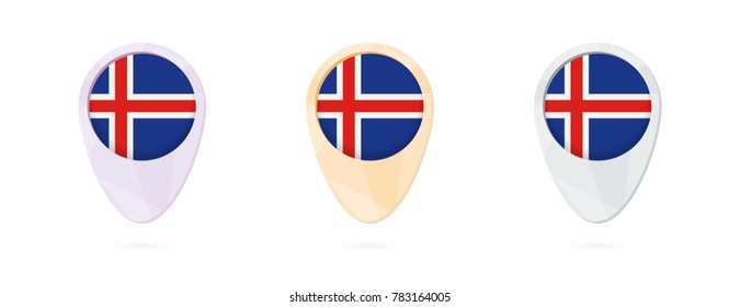 Map markers with flag of Iceland, 3 color versions.