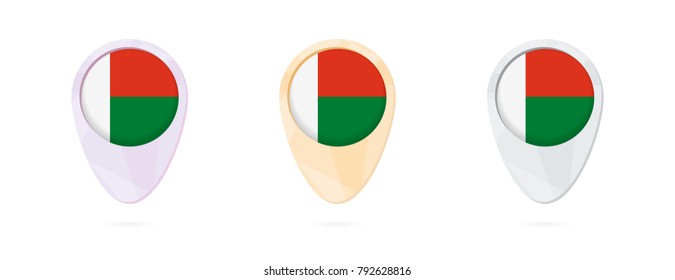 Map markers with flag of Madagascar, 3 color versions.