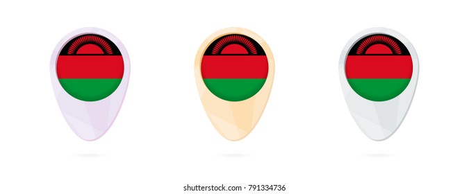 Map markers with flag of Malawi, 3 color versions.