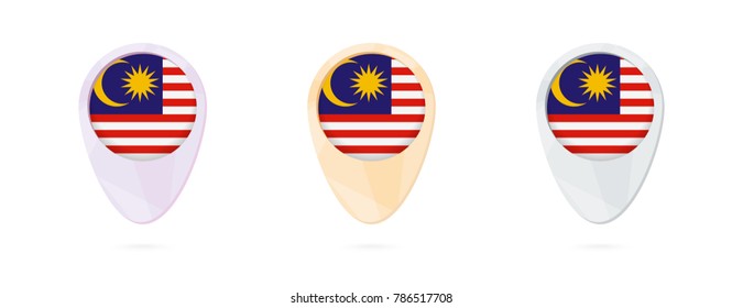 Map markers with flag of Malaysia, 3 color versions.