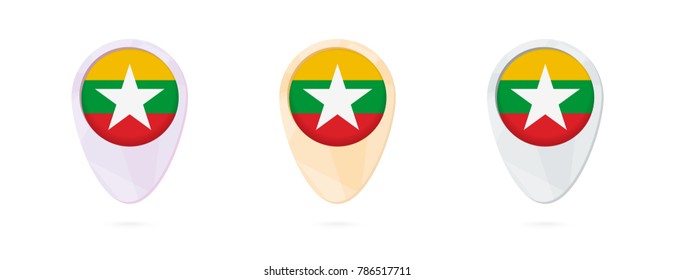 Map markers with flag of Myanmar, 3 color versions.