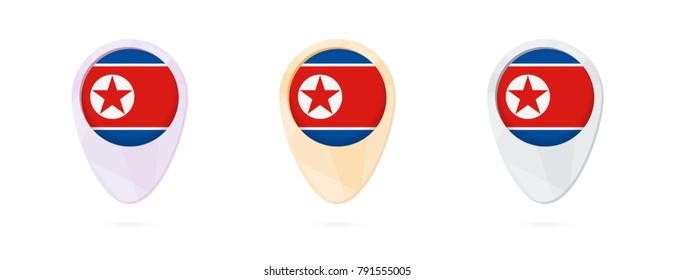 Map markers with flag of North Korea, 3 color versions.