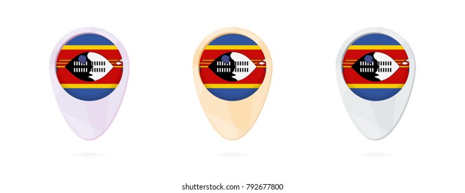 Map markers with flag of Swaziland, 3 color versions.