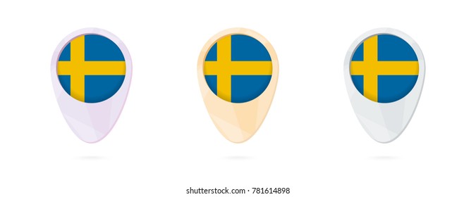 Map markers with flag of Sweden, 3 color versions.