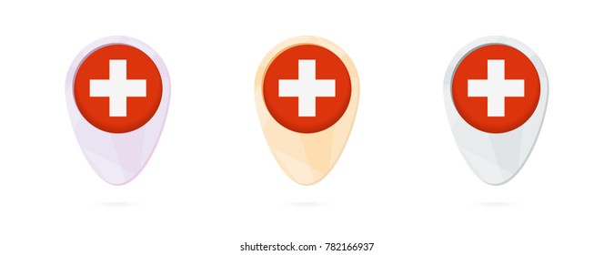 Map markers with flag of Switzerland, 3 color versions.
