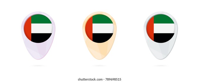 Map markers with flag of United Arab Emirates, 3 color versions.