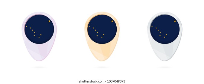 Map markers with flag of US state Alaska, 3 color versions.